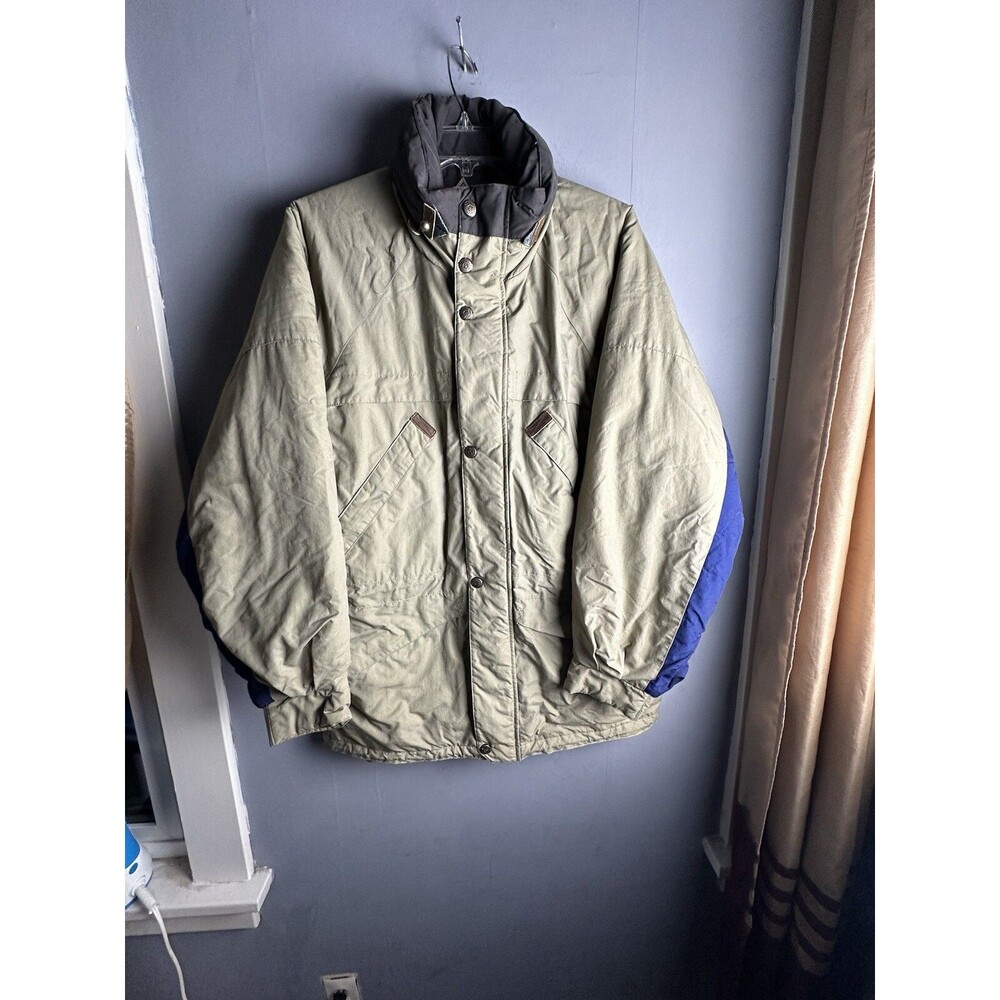 Edelweiss Ski Coat Mens Hooded Down Lined Tan and Blue size Large